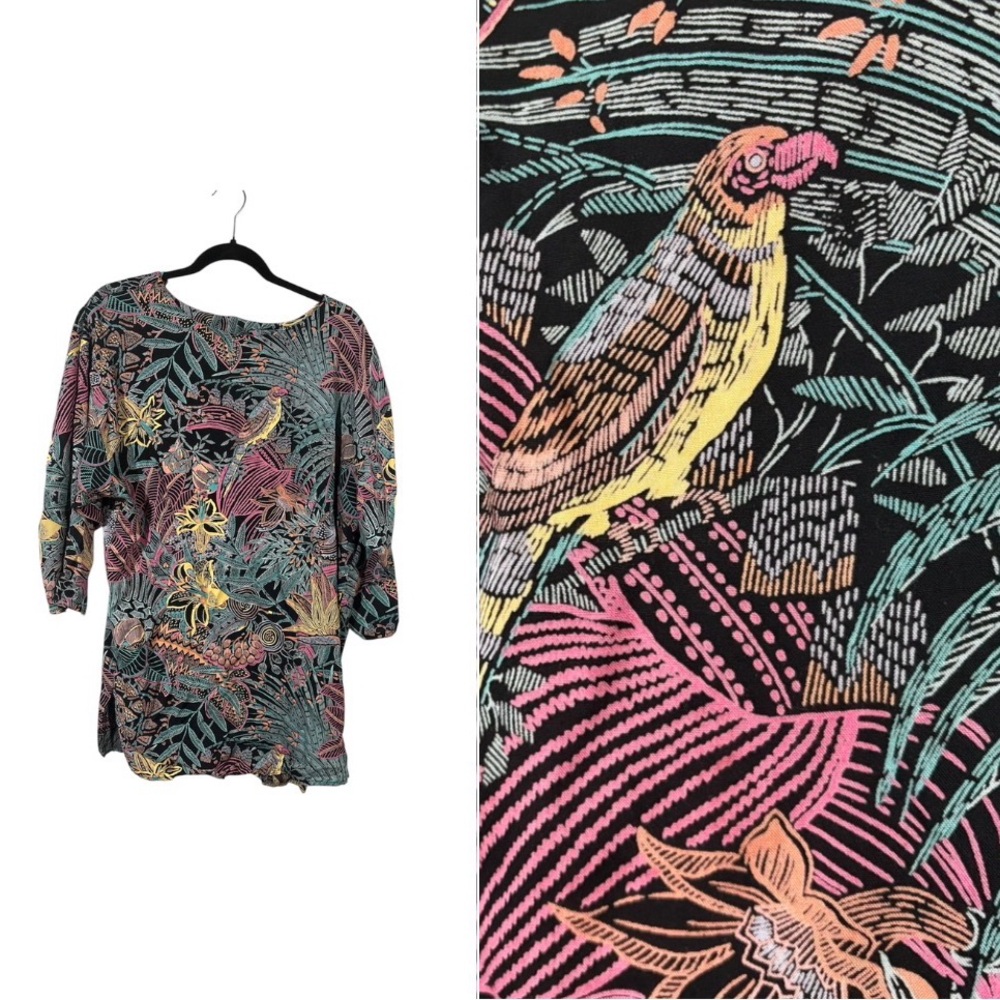 VINTAGE Tropical Bird Print Tunic Top Dolman Sleeve